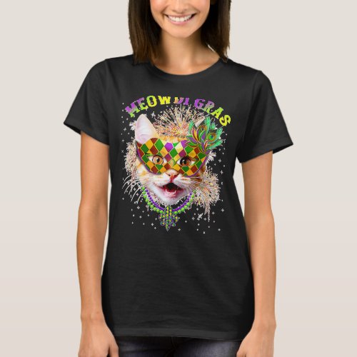 Meowdi Gras Kitten Cat Mask Beads Mardi Gras Funny T_Shirt