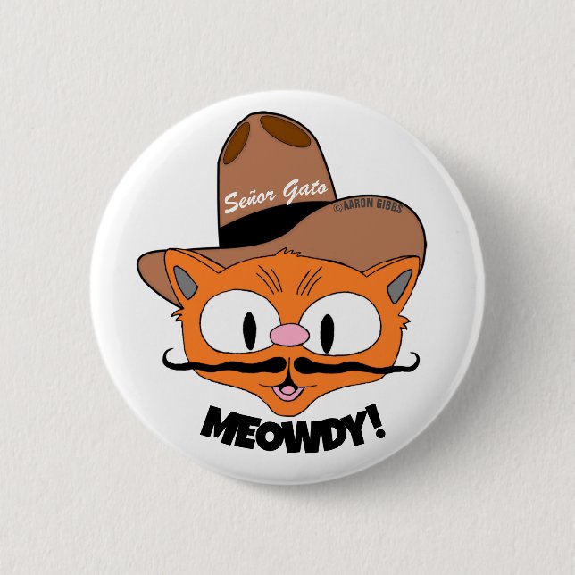 MEOWDY! Cartoon Mustache Cowboy Cat button (Front)