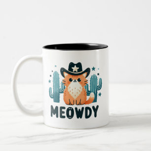 Meowdy cowboy Hat Cactus cat  Two-Tone Coffee Mug