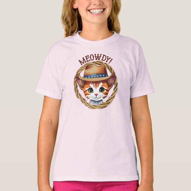 Meowdy! Cute Kitten Wearing a Cowboy Hat T-Shirt (Front)