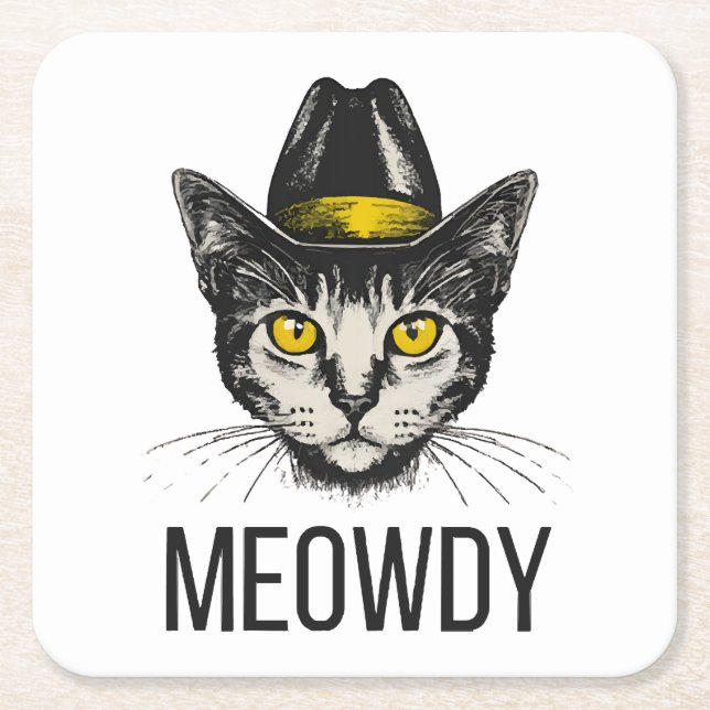 Meowdy Funny Cat Square Paper Coaster (Front)