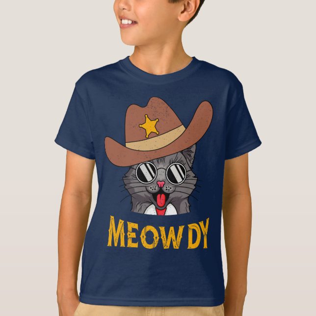 Meowdy! Funny Country Cat Wearing Cowboy Hat Gift  T-Shirt (Front)