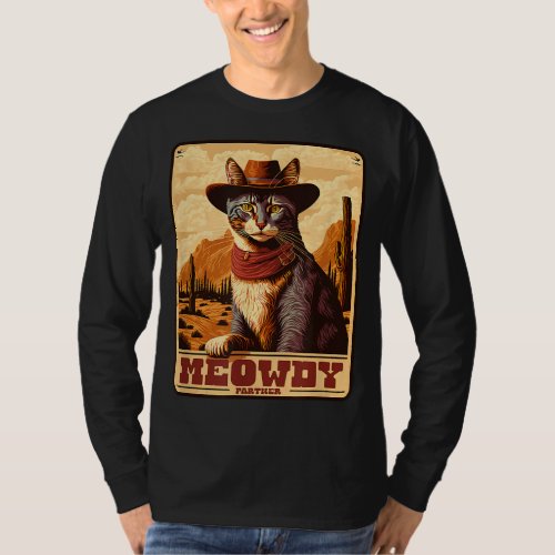 Meowdy Funny Country Music Cat Cowboy Hat Wanted  T_Shirt