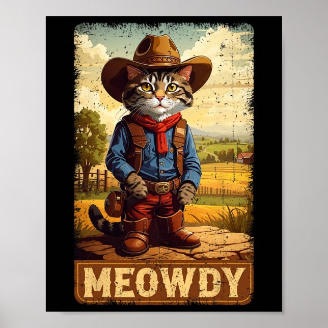 Meowdy Funny Country Side Cat Hat Vintage Cowboy C Poster (Front)