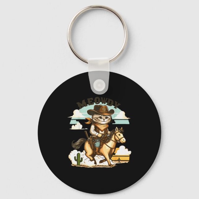 Meowdy Partner Cat Cowboy Horse Howdy Funny Countr Keychain (Front)