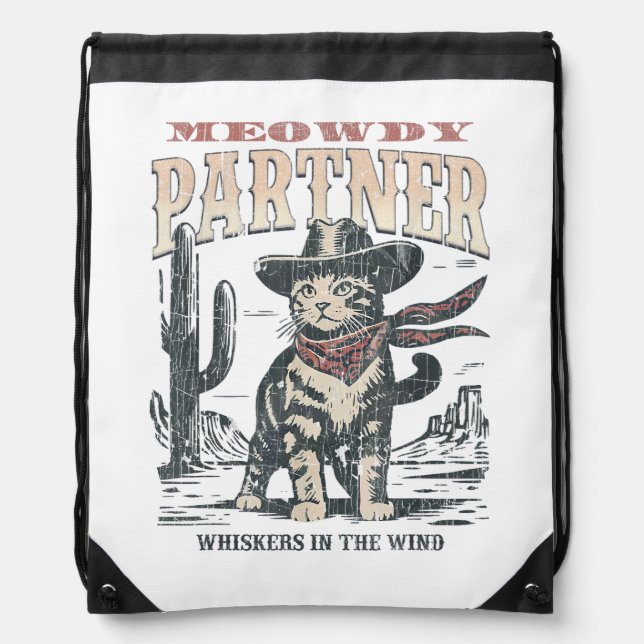 Meowdy Partner Cowboy Cat  Drawstring Bag (Front)