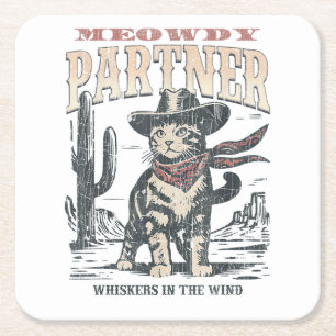 Meowdy Partner Cowboy Cat Square Paper Coaster