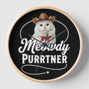Meowdy Purrtner Funny Cat Cowboy Western Pun Desig Clock