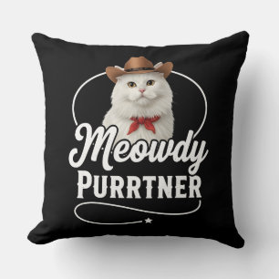 Meowdy Purrtner Funny Cat Cowboy Western Pun Desig Throw Pillow