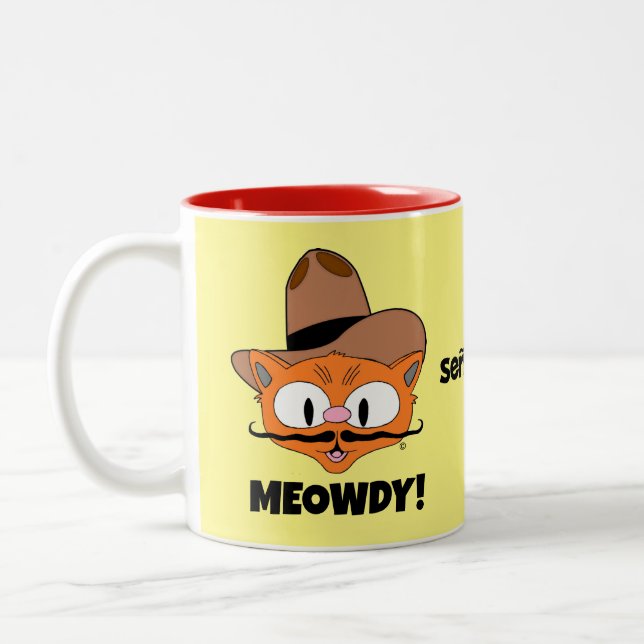 MEOWDY! Senor Gato Cartoon Mustache Cat Two-Tone Coffee Mug (Left)