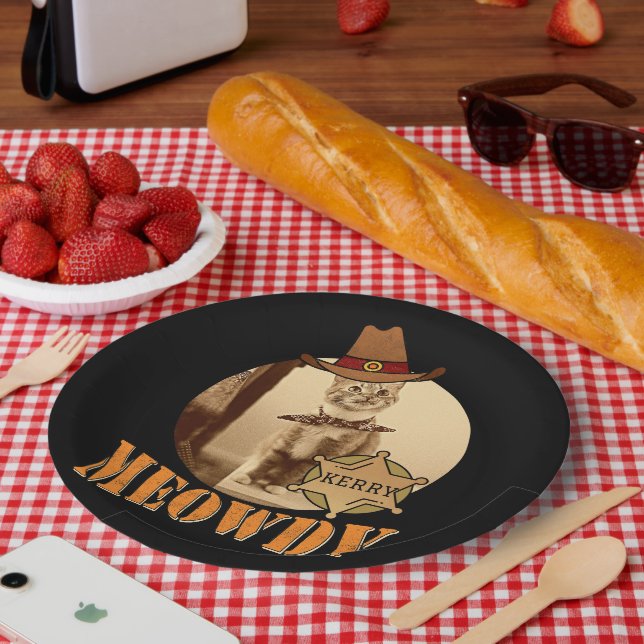 Meowdy Texan Cat Cowboy Sheriff Personalized Paper Plates (Picnic)