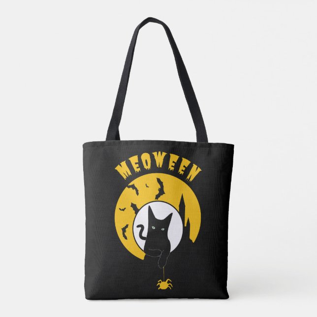 Meoween Cute Black Cat Yellow Moon Hallowen Tote Bag (Back)