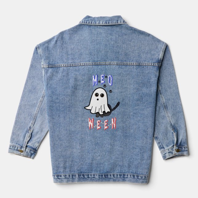 Meoween Ghost Kitten 31 Cat USA October Halloween Denim Jacket (Back)