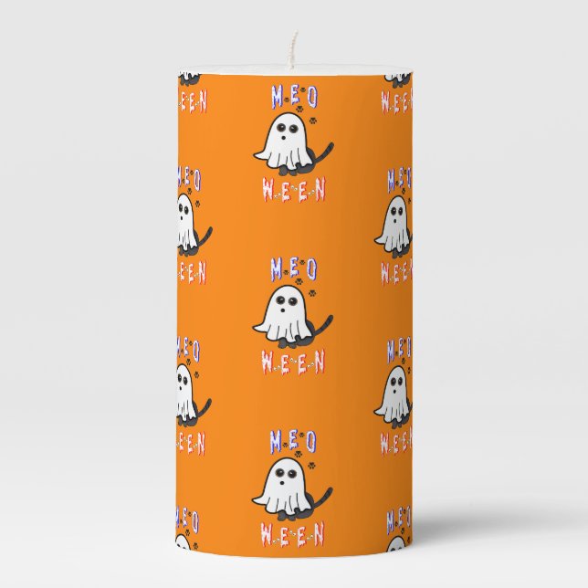Meoween Ghost Kitten 31 Cat USA October Halloween Pillar Candle (Front)