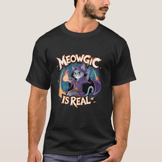 Meowgic Cat Wizard Fantasy Style Funny Magic Catco T-Shirt (Front)