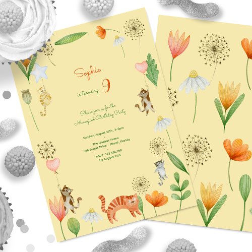 meowgical cats and flowers birthday party invitation