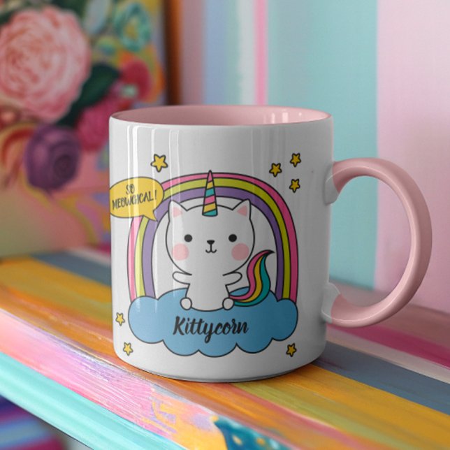 Meowgical Cute Caticorn Pink Cartoon Mug (Two of the cutest animals (kitten and a unicorn) come together to make...the Kittycorn! )