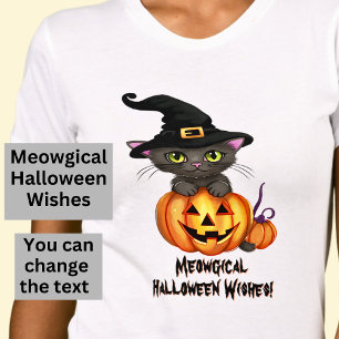 Meowgical Halloween Wishes Cat Witch Hat Pumpkin T-Shirt