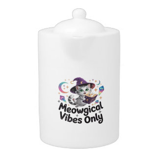 Meowgical Vibes Only, Floating Kawaii Witch Cat Ov Teapot