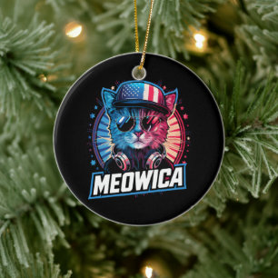 Meowica 4th of July Cat American Flag America USA Ceramic Ornament