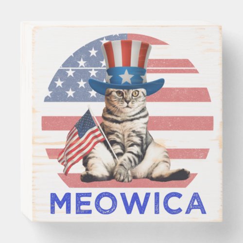 Meowica 4th Of July Patriotic American Cat Wooden Box Sign