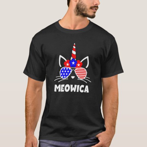 Meowica 4th Of July Unicorn Cat Us Flag Sunglasses T_Shirt