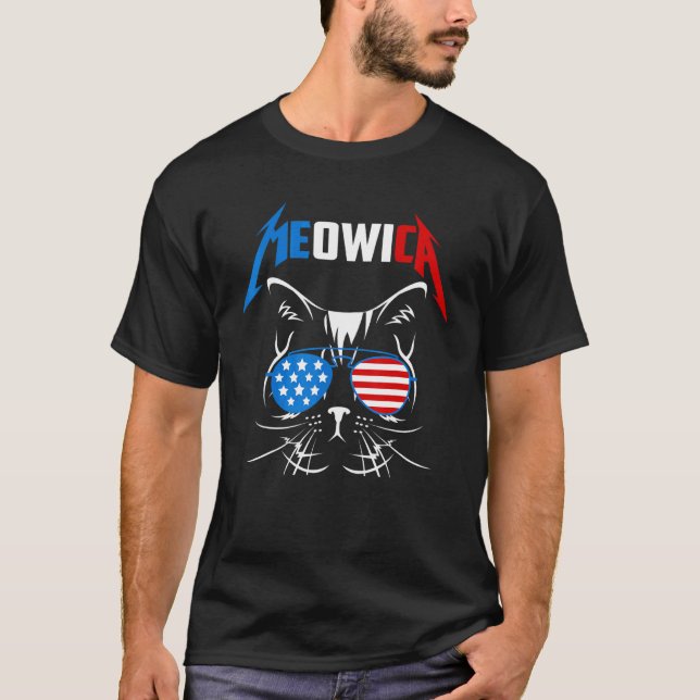 Meowica Cat 4th Of July American Flag Sunglasses P T-Shirt (Front)