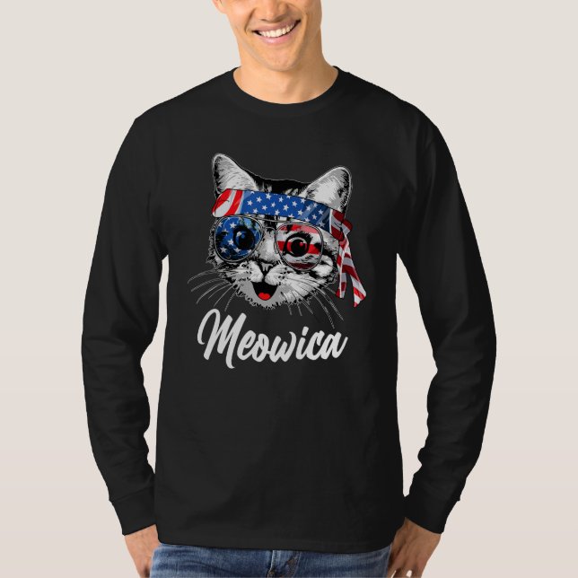 Meowica Cat American Flag Fourth of July T-Shirt (Front)