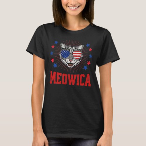 Meowica Cat Americat Merica Usa Flag Sunglasses T_Shirt