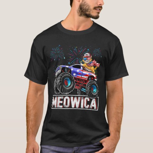 Meowica Cat Monster Truck American Flag 4th of Jul T_Shirt