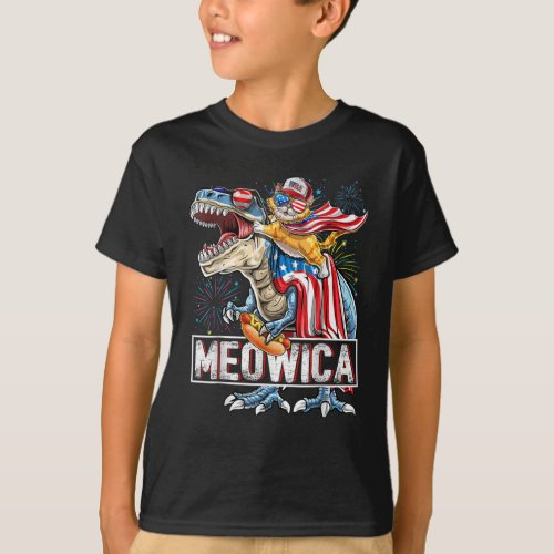 Meowica Cat T Rex Dinosaur 4th of July USA Flag T_Shirt