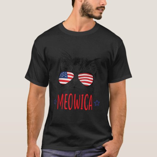 Meowica Cat USA America Flag 4th Of July Cool Shad T_Shirt