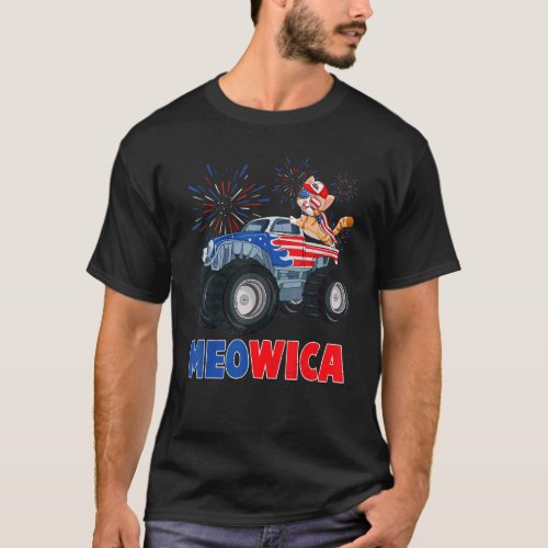 Meowica Cat With Monster Truck Usa Flag 4th Of Jul T_Shirt