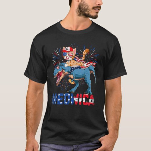 Meowica Cat With Rex Dinosaur Usa Flag 4th Of July T_Shirt