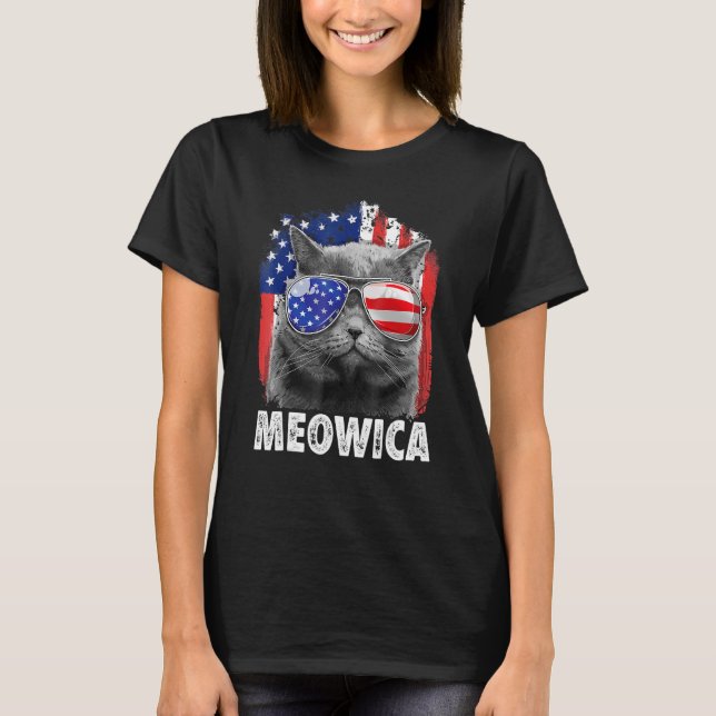 Meowica Kitty American Flag Sunglasses 4th Of July T-Shirt (Front)