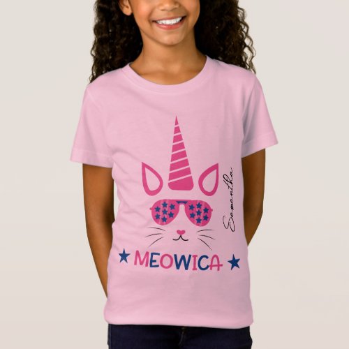 Meowica Unicorn Patriotic 4th Of July Pink T_Shirt