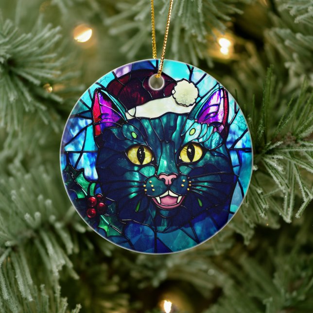 Meowing Stained-Glass Christmas Black Cat Ceramic Ornament (Tree)