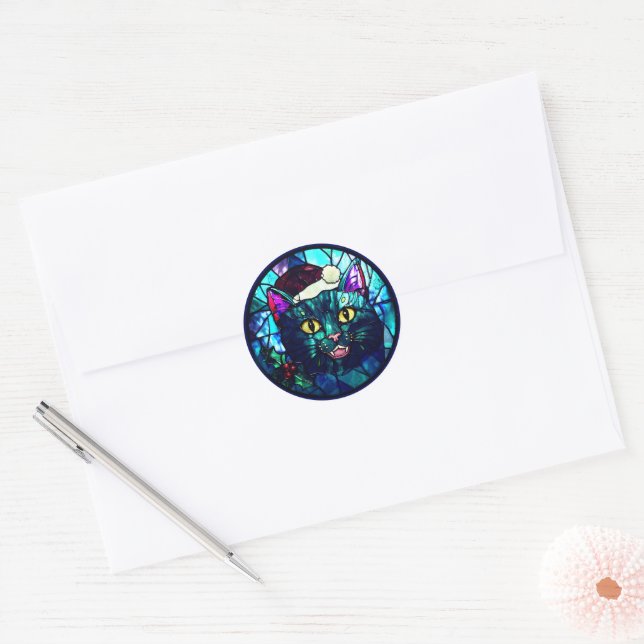 Meowing Stained-Glass Christmas Black Cat Classic Round Sticker (Envelope)