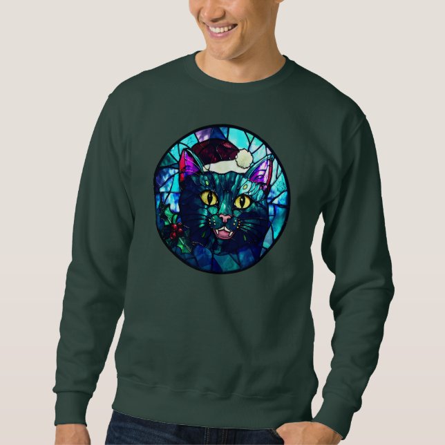 Meowing Stained-Glass Christmas Black Cat Sweatshirt (Front)