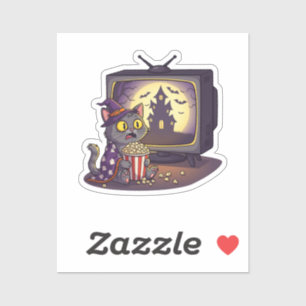 Meowloween Movie Night – Cat Watching Scary Movie Sticker
