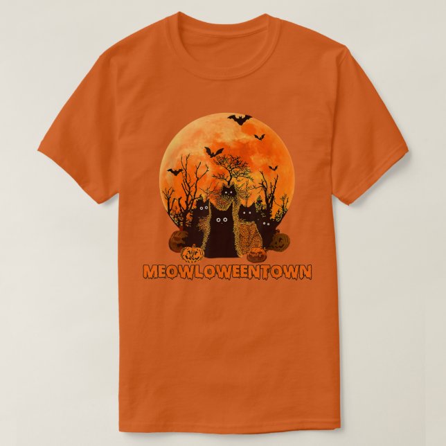 Meowloweentown Red Moon Black Cats  T-Shirt (Design Front)