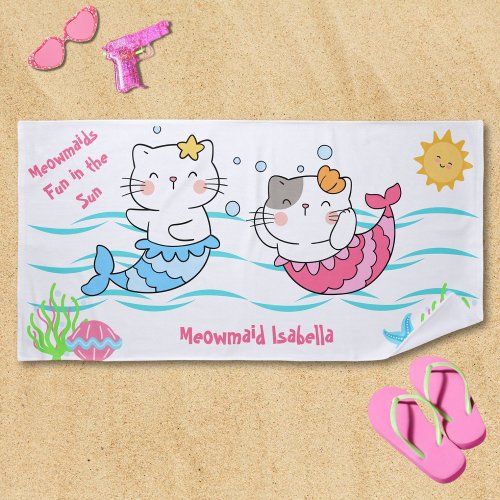 Meowmaids Mermaid Cats Fun in the Sun Mercats Beach Towel