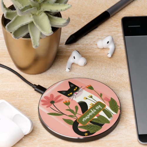 Meownderful Day Floral Black White Pink Cat Wireless Charger