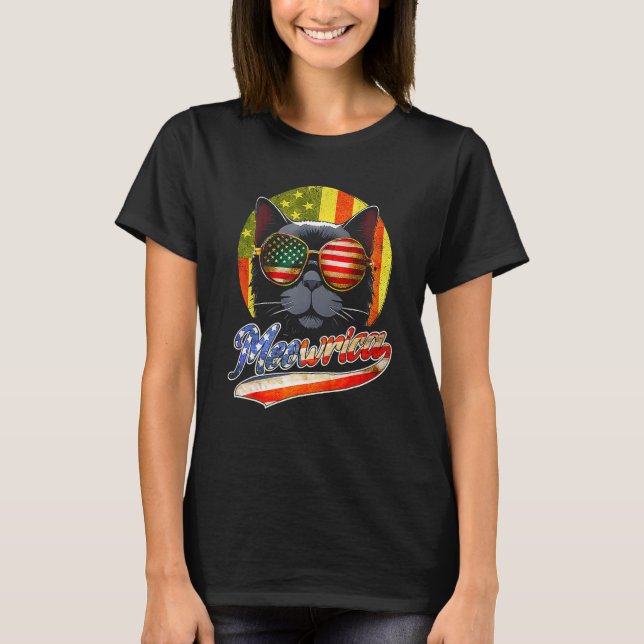 Meowrica Black Cat Sunglasses USA Flag  4th Of Jul T-Shirt (Front)