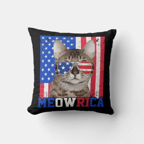 Meowrica Cat US Flag Sunglasses 4th Of July Throw Pillow