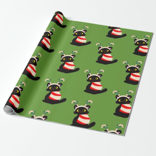 Meowrry Christmas Black Cat Green Background  Wrapping Paper