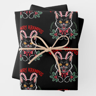 Meowry Krampus Christmas Black Cat Candy Cane Xmas Wrapping Paper Sheets