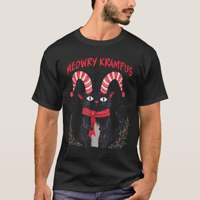 Meowry Krampus Funny Krampus Is Coming To Town Cat T-Shirt (Front)