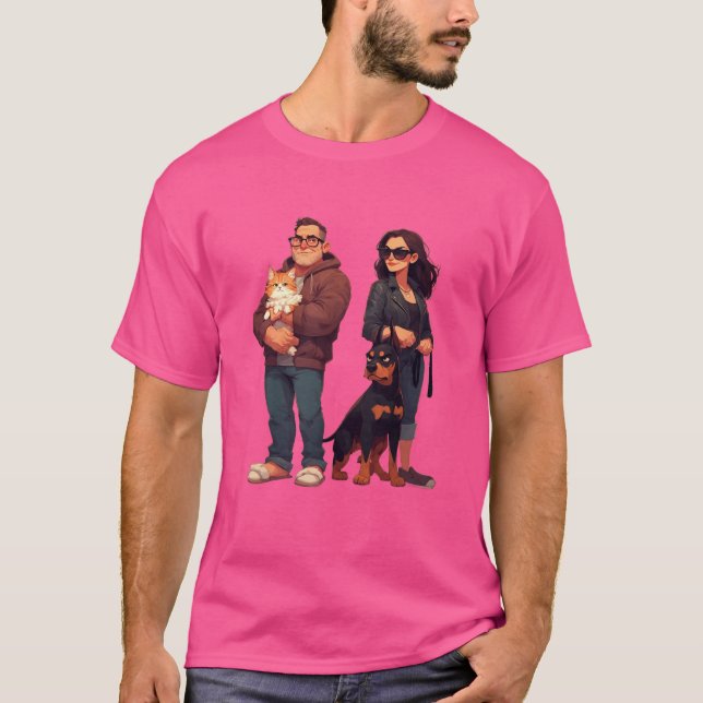 Meows & Muscle – Funny Cat Dad & Doberman Mom T-Shirt (Front)
