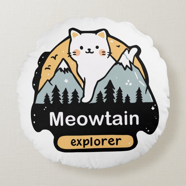 Meowtain Explorer – Cute Cat Adventure Design Round Pillow (Front)